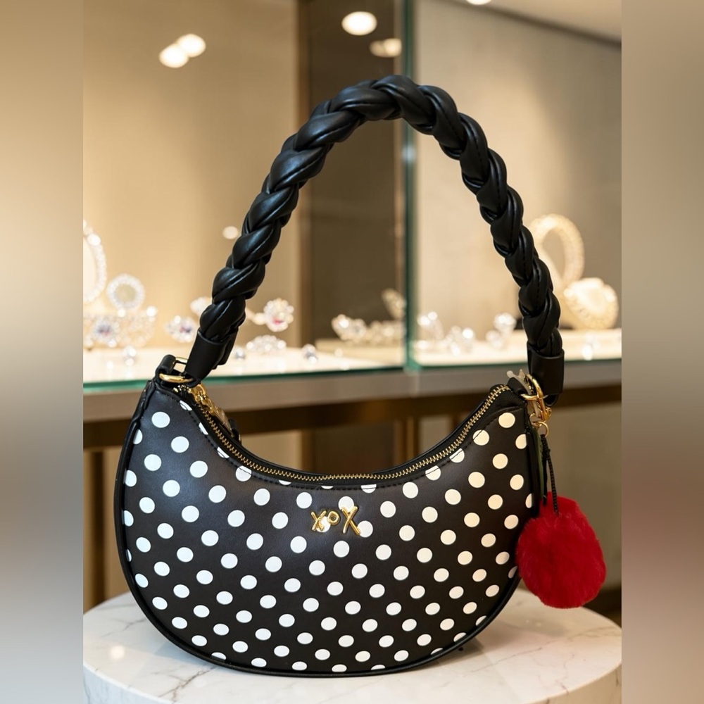 Betsey Johnson Black and White Polka Dot Shoulder Bag with Red Pom Charm NWT